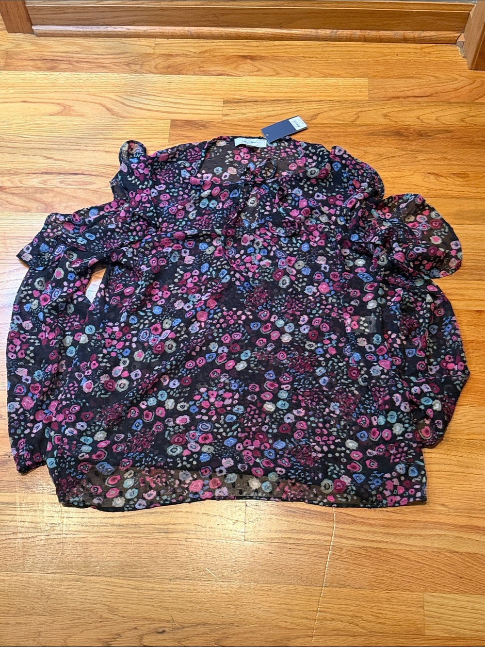 Libby Edelman Large Floral Ruffle Cold Shoulder Long-Sleeve Blouse NWT